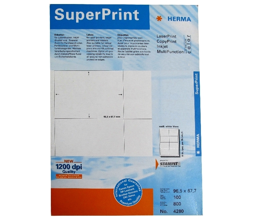71-589-01075_HERMA_4280_Premium_etiketten Etiketten 96x68mm 800-Stück auf 100 Blatt A4 HERMA 4280