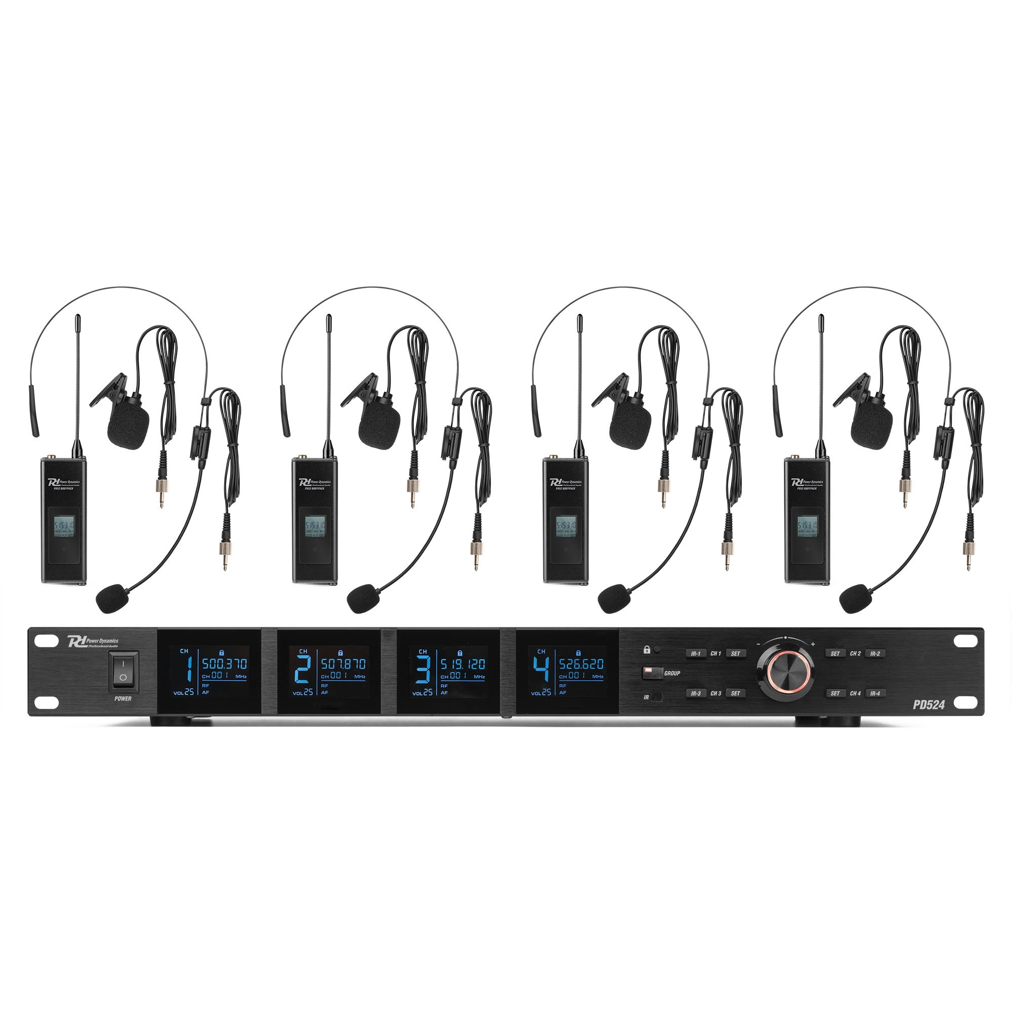 Funkmikrofonset P524B inklusive 4 Headset-Mikrofone mit Bodypacks und 4 Lavalier-Mikro