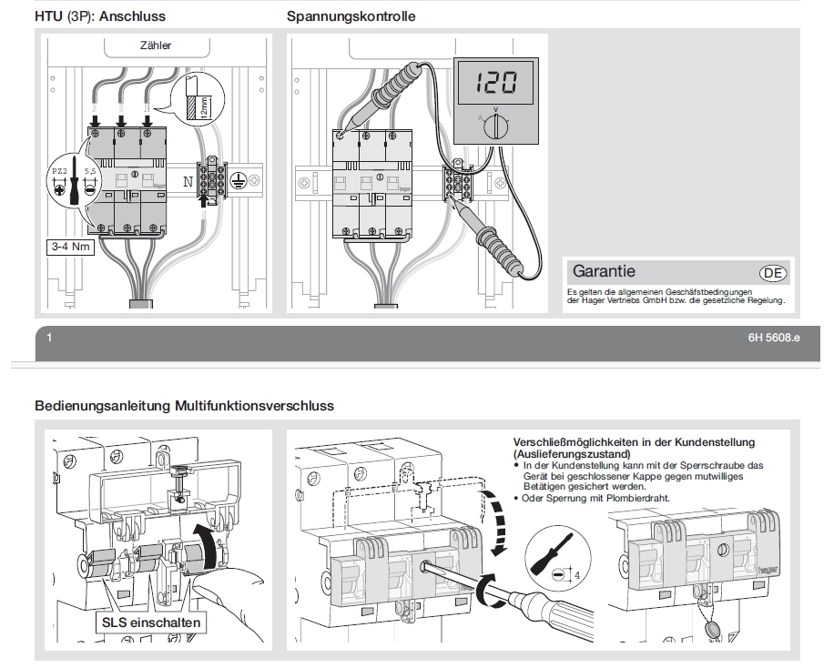SLS Schalter 35A 400VAC Hager HTN335E 3-pol Hauptleitungsschutzschalter für Montage auf Hutschiene