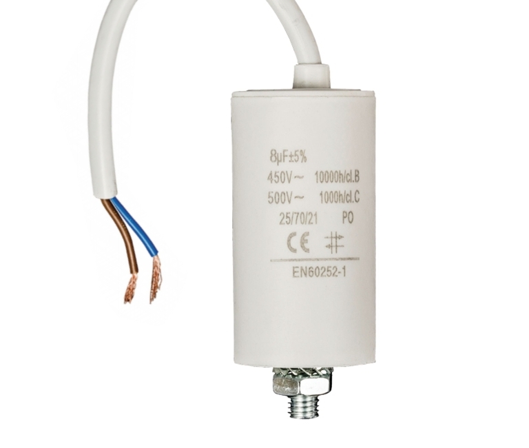 Motorkondensator_29-719-00751_2020_OK 8uF Motorkondensator MKP 8uF 450V 35x70mm M8 Kabellitze