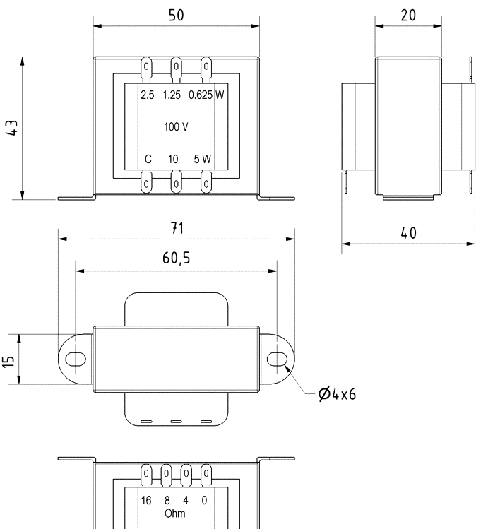 10W-ELA-Trafo-43-890-00160-ABMESS 10W ELA Trafo 100V Audiotrafo Lötösen