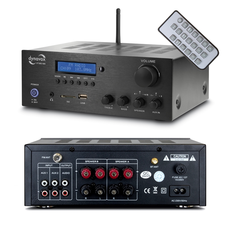 Verstärker 2x80W mit Bluetooth USB SD Player UKW Tuner 4-Boxenanschlüsse VT80MK-BLK