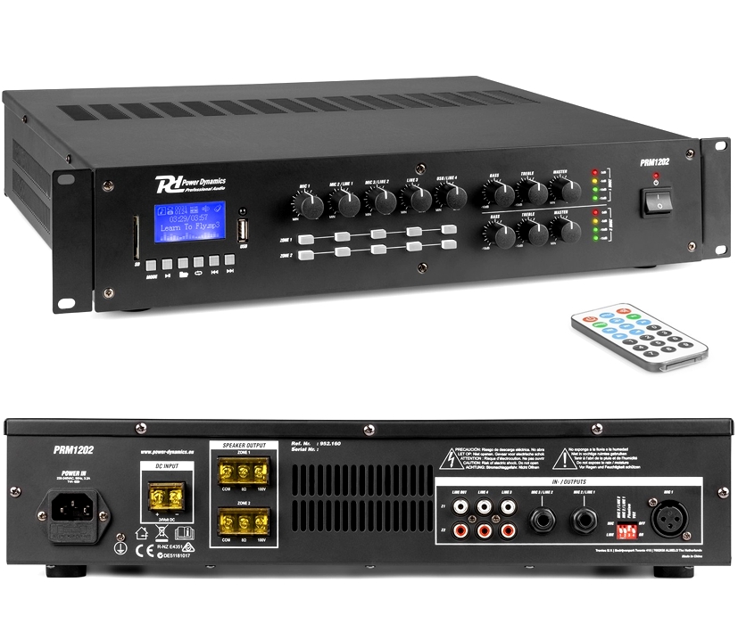 ELA Verstärker PRM1202 2-Zonen 2x120W 100V 4-8ohm Bluetooth USB Player 220V+24V versorgbar ELA Verstärker PRM1202 2-Zonen 2x120W 100V 4-8ohm Bluetooth USB Player 220V+24V versorgbar