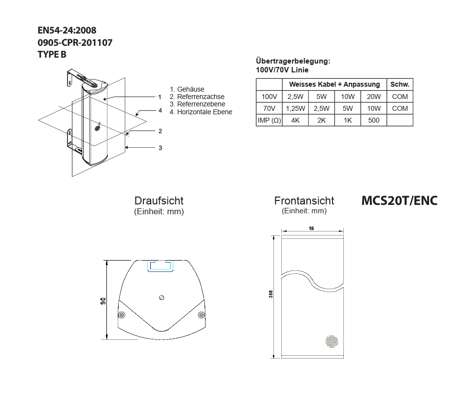 EN54-24 Tonsäule 36,8 cm 20W  Penton MCS-20T/EN IP54 Säulenlautsprecher 368x98x90mm