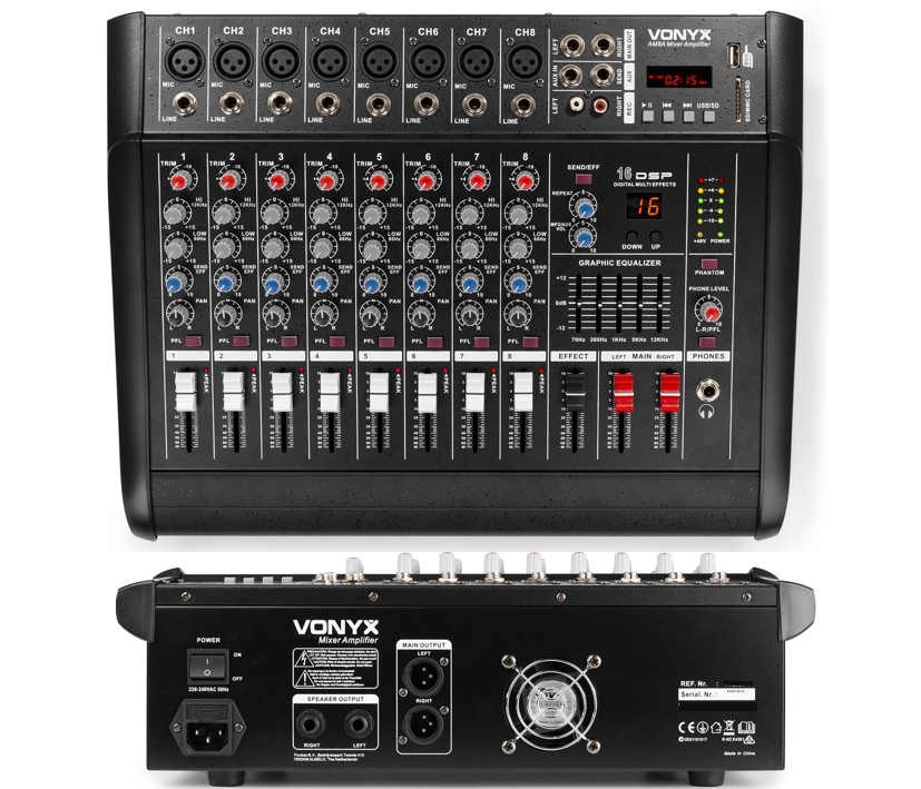 Powermixer Mischpult mit 2x500W Verstärker 9-Kanal Mixer mit EQ Bluetooth USB-SD-MP3 Player