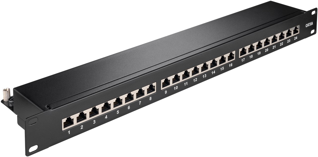 cat6a_Patchfeld_53-800-01035_B01 19zoll Patchpanel CAT6A Patchfeld 24xRJ45 LSA Panel Auflegefeld Schwarz