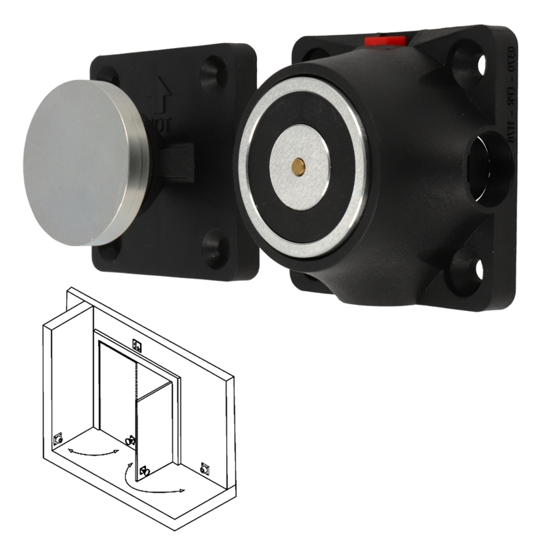 Elektrischer_Haltemagnet_fuer_Turen_47-790-00605_B0 Elektrischer Türhalter bis 61Kg Haltekraft 24V Elektromagnet Haltemagnet mit Notauslöser