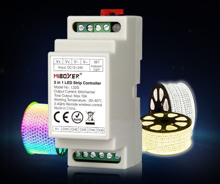 RGB_Kontroller_mit_APP_92-477-07250 LED RGB-W Kontroller 5-Kanal 5x6A 12V-24V Hutschiene MiBoxer mit Funkempfänger