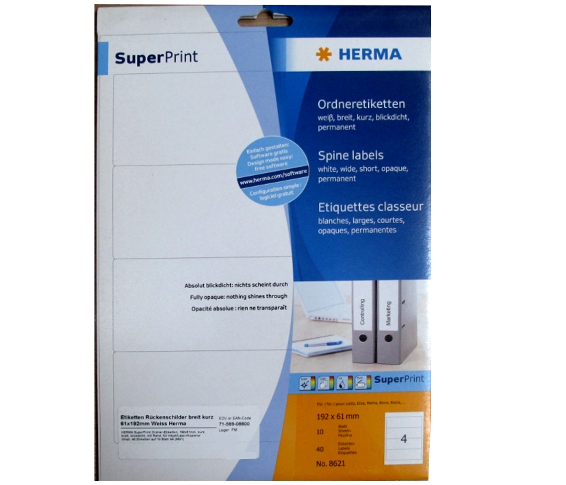 71-589-08800_Herma_8621 Rückenschilder Ordner Etiketten blickdicht 61x192mm 40-Etiketten auf 25-Bögen Herma 8621