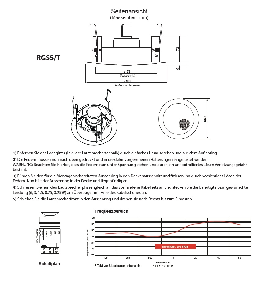 190mm Deckenlautsprecher RGS5-T 100V 6-10W Verkehrsweiss Metallschnappfedern Bajonett-Verschluss-System