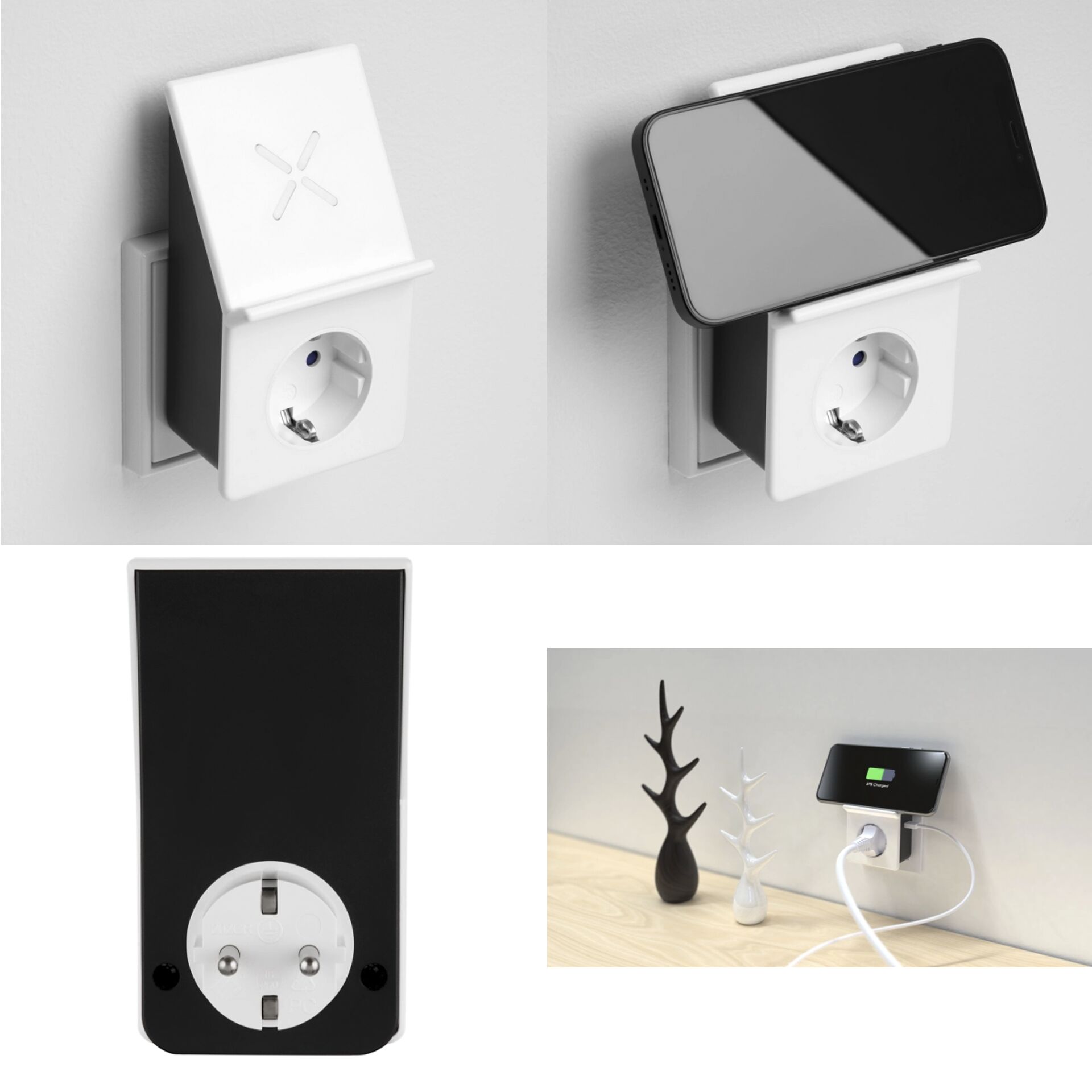 Induktives Ladegerät für Smartphones mit 10W Ladeleistung plus USB-Port und mit Steckdose