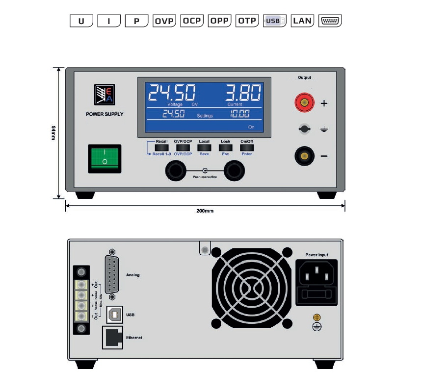 Labornetzgerät 230V regelb. 0-80V 0-20A EA-PSI-5080-20A mit USB- USB- Ethernet- und Analogschnittstelle