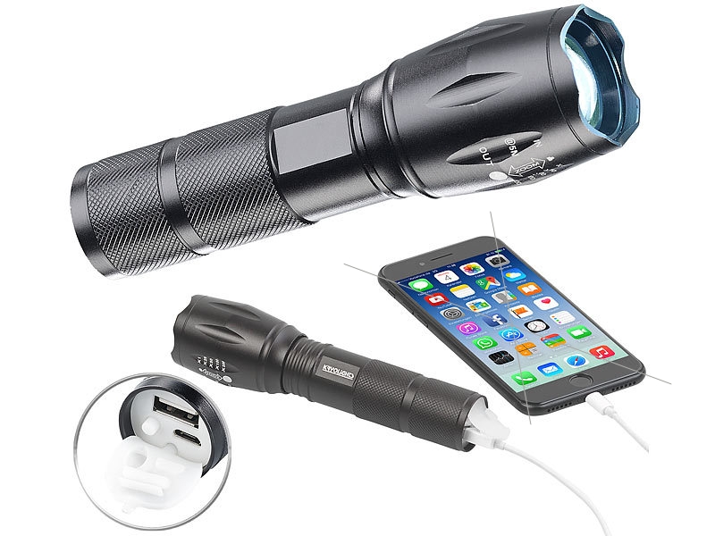 91-477-00590_LED_Taschenlampe_mit_Powerbank_B14 LED Taschenlampe ALU Gehäuse 10W mit Lith-Akku Powerbank USB IP44