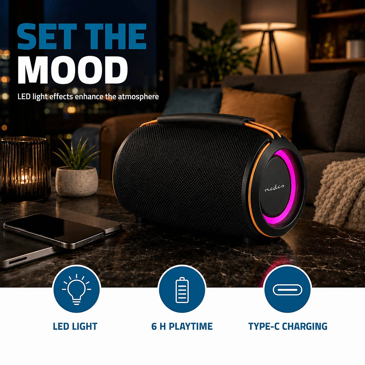 Tragbarer Bluetooth Lautsprecher 40W mit Akku USB + SD-Slot + RGB-LED + IPX4 Spritzwassergeschützt IN2026