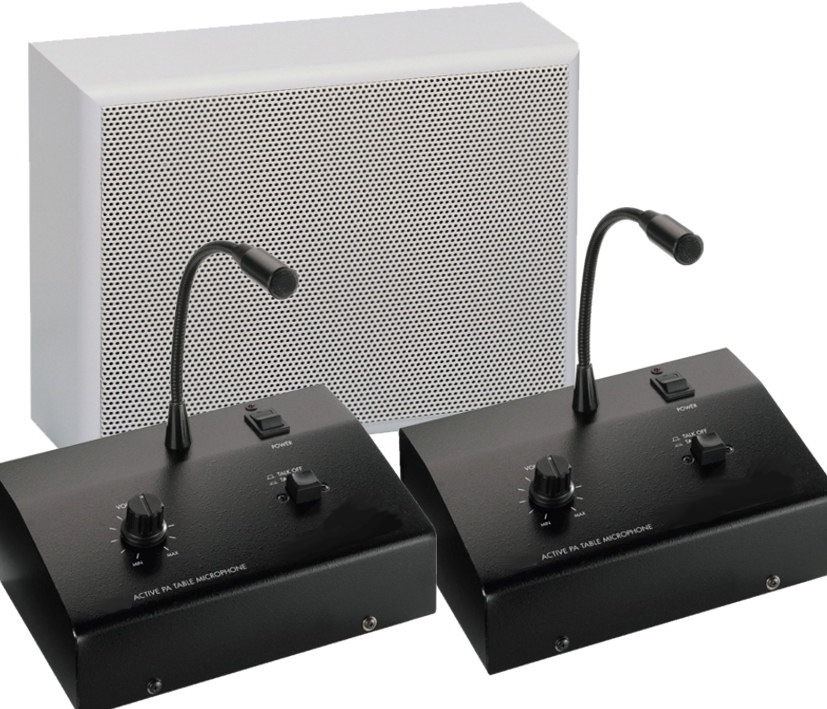 Durchsagesystem für Praxen und Büros SET-07 mit 2x Tischmikrofon und 1x Wandlautsprecher Durchsage von 2-Räumen