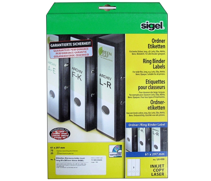 71-589-03405_sigel_LA450 Rückenschilder Ordner Etiketten blickdicht 61x297mm 75-Etiketten auf 25-Bögen Sigel LA450