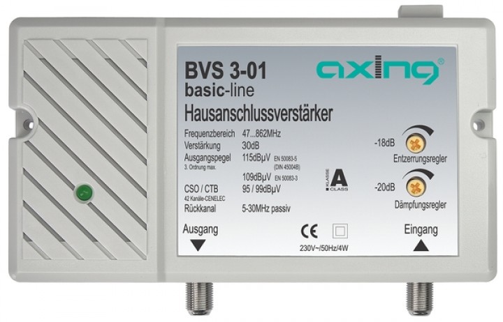 41-152-00140-BVS301-Axing-bild1 Antennenverstärker 30dB regelbar Hausanschlussverstärker Kabelfernsehen tauglich