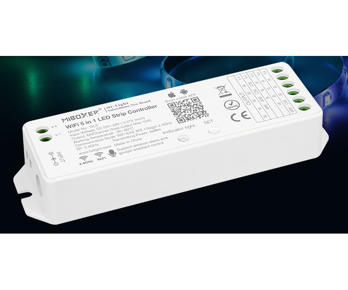 RGB-WW_Controller_mit_WLAN_WIFI_ALEXA_GOOGLE_15-115-02080 LED RGB-WW Kontroller 5-Kanal 5x6A 12V-24V WiFi 5in1 Milight Miboxer Alexa Serie