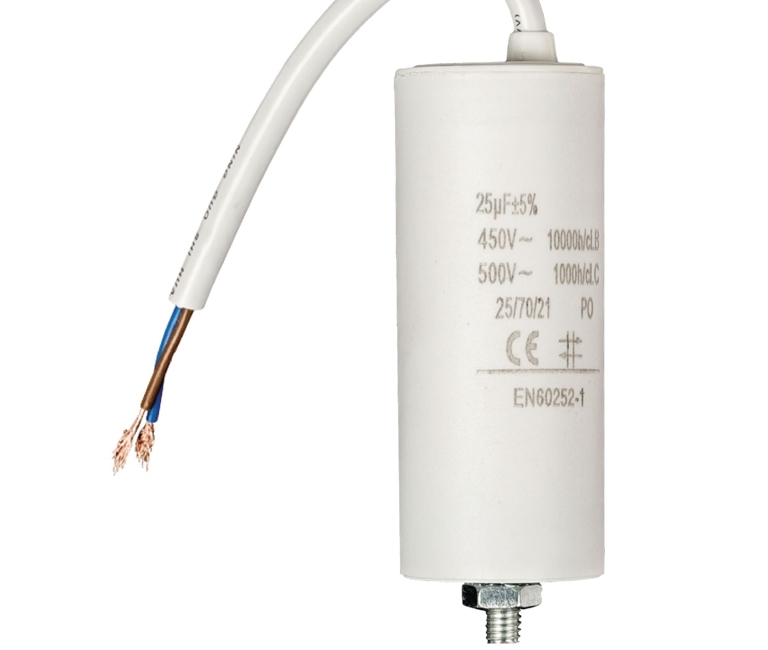 Motorkondensator_29-719-00780_2020_OK 25uF Motorkondensator MKP 25uF 500V 42x85mm M8 mit Kabellitze