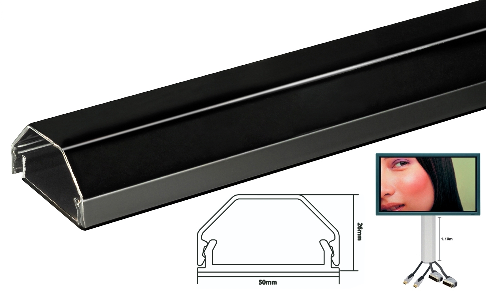 110cm TV Fernseher Metall ALU Kabelkanal Black 50x26mm