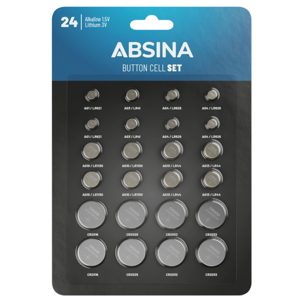ABSINA 24er Pack Alkaline & Lithium Knopfzellen AG1 AG3 AG4 AG10 AG13 CR2016 CR2025 CR2032 Knopfzelle