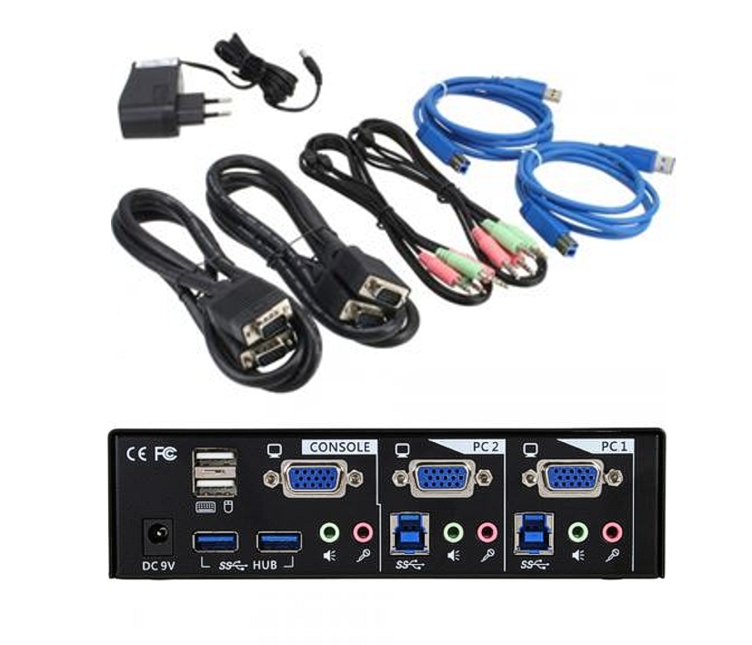 KVM VGA Umschalter 2-fach Kombi mit USB Klinke Audio