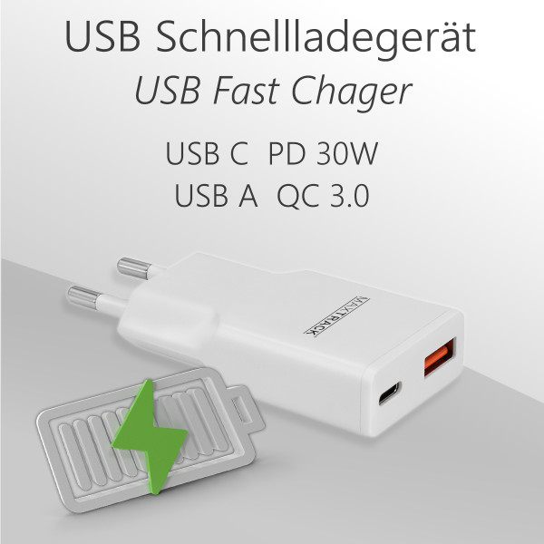 USB Schnellladegerät 30W Ladegerät mit USB-A und USB-C Port GAN PD QC3.0