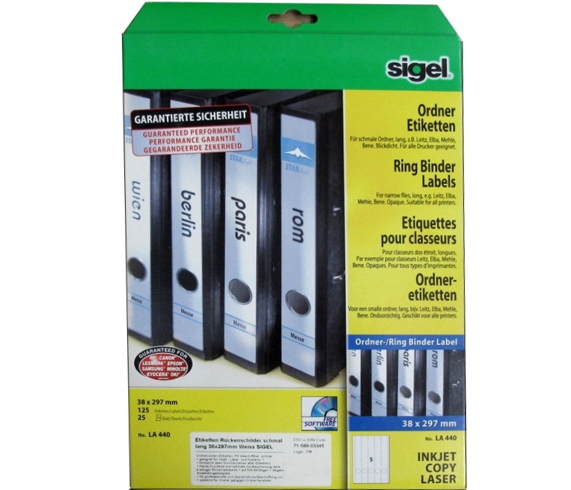 71-589-03345_sigel_LA440 Rückenschilder Ordner Etiketten blickdicht 38x297mm 125-Etiketten auf 25-Bögen Sigel LA440