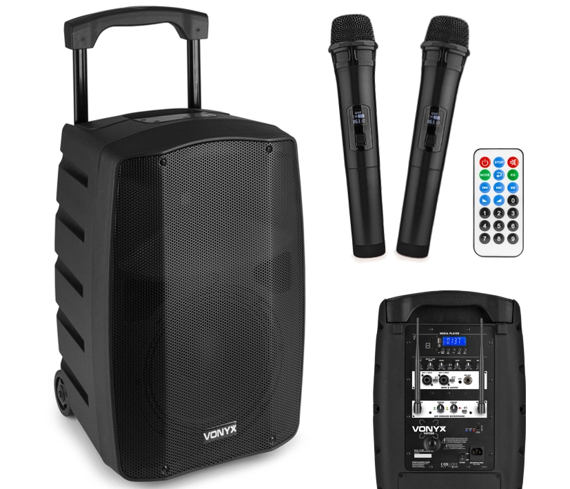 Mobile_Box_10zoll_mit_2xFunkmikro__84-754-12005 Mobile Musikanlage 10zoll 300W Verstärker mit Bluetooth USB-Player 2x Funkmikrofon Akku und AUX Eingang