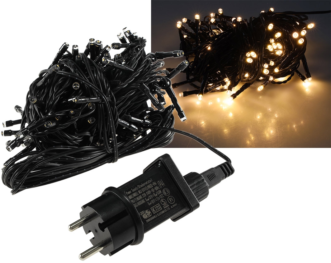 Lichterkette 10m mit 100 LED Lämpchen Warmweiß IP44 Trafo Lichterkette 10m mit 100 LED Lämpchen Warmweiß IP44 Trafo