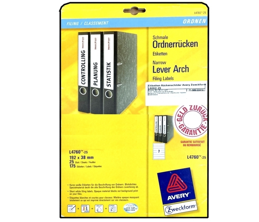 Rückenschilder Ordner Etiketten kurz blickdicht 38x192mm 175-Etiketten auf 25-Bögen L4760-25