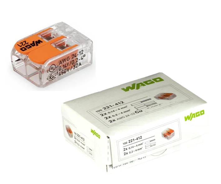 2pol-WAGO-Klemme-221-412-45-822-01012 WAGO Klemme 2-Leiter COMPACT 100er-Pack Kabelverbinder Leiterklemme