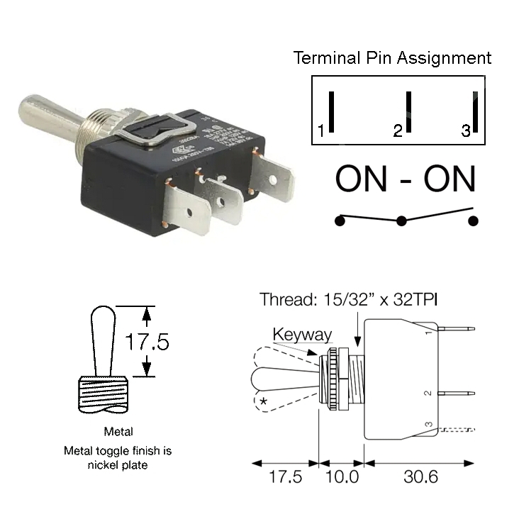 Kippschalter Ein-Aus IP67 bis 16A 250V 1xUM Wechslerkontakt GW-DM 12mm