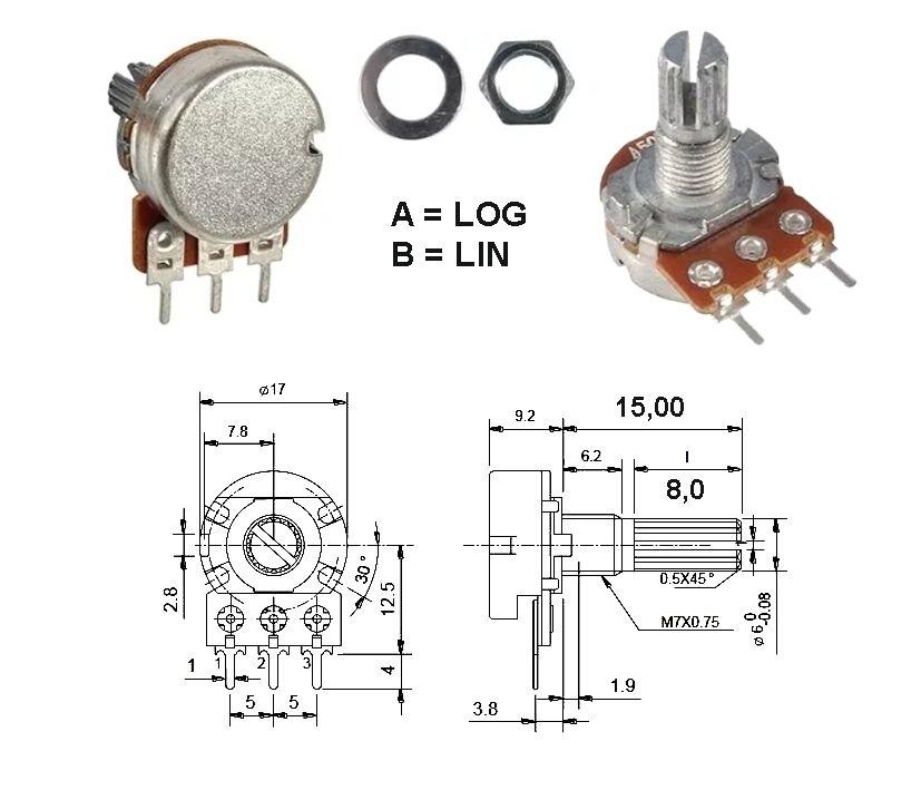 22Kohm LOG POTI Mono Japan mit 6mm Achse geschlitzt A20K A22K A25K Achslänge 15mm ersetzt 20K 25K
